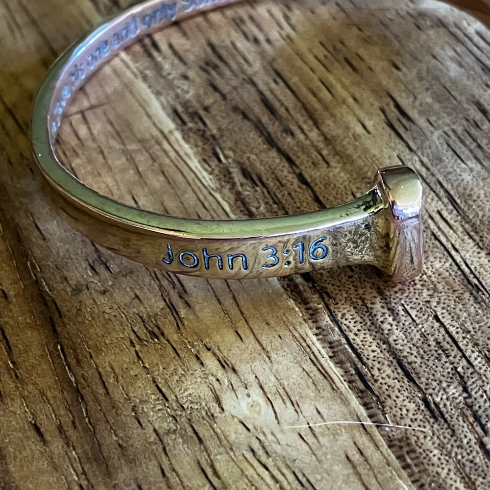 Nail design mixed metal Christian scripture verse bangle bracelet.